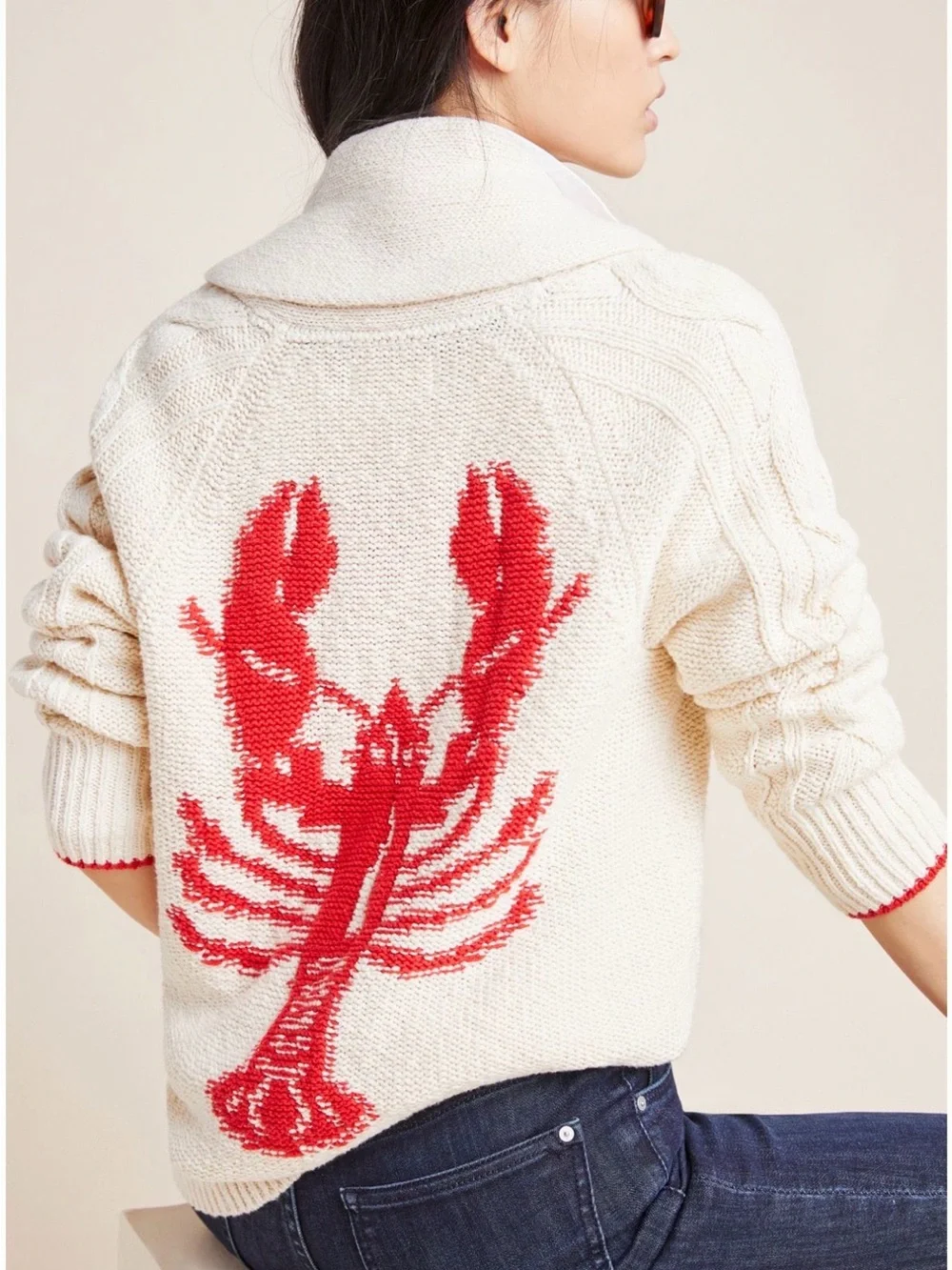 Anthropologie Maeve Lobster Shawl Collar Cardigan White Red Trim XS